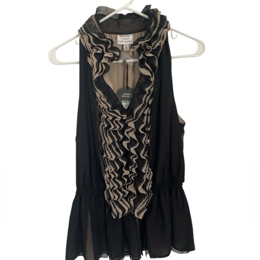 New Robert Rodriguez Black and Cream raw edge ruffled tank nwt size Medium